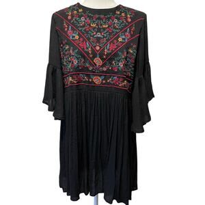 Umgee Boho Bliss Mini Dress Embroidered Bell Sleeves Black Lined Sz M Hippie